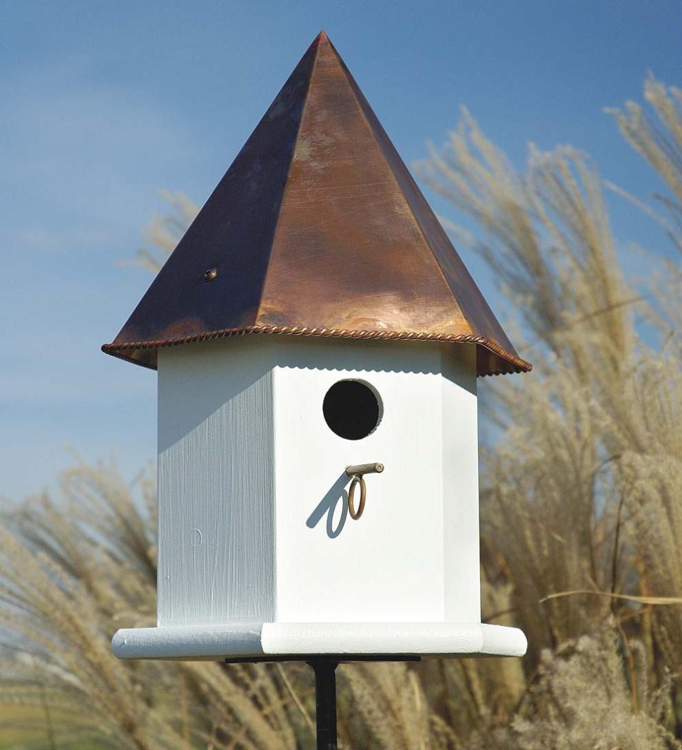 Plow &amp; Hearth Birdhouses | Yard &amp; Garden Copper Songbird Deluxe Birdhouse With Brown Patina Roof