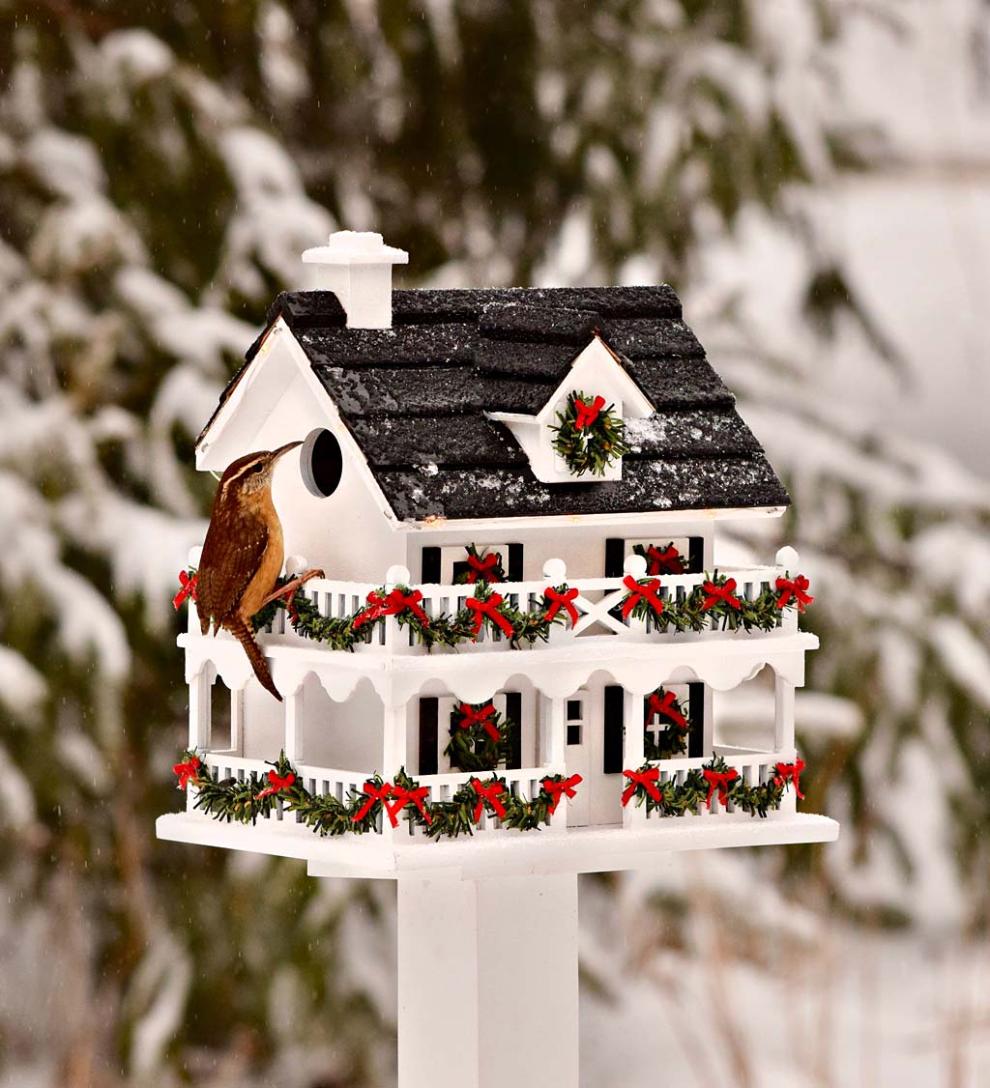 Plow &amp; Hearth Birdhouses | Yard &amp; Garden Lighted Holiday Colonial Cottage Birdhouse And Pedestal Pole Set