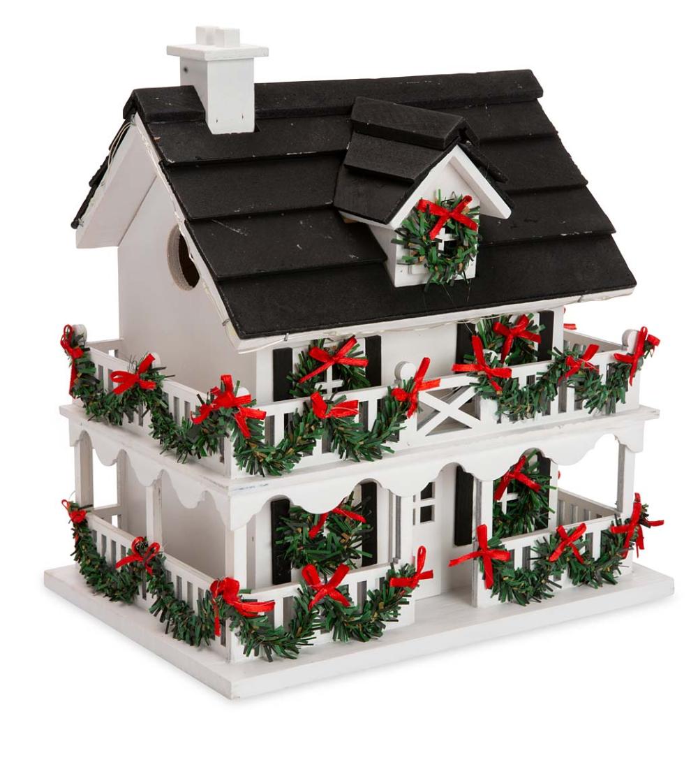 Plow &amp; Hearth Birdhouses | Yard &amp; Garden Lighted Holiday Colonial Cottage Birdhouse And Pedestal Pole Set