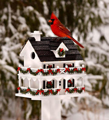 Plow &amp; Hearth Birdhouses | Yard &amp; Garden Lighted Holiday Colonial Cottage Birdhouse And Pedestal Pole Set