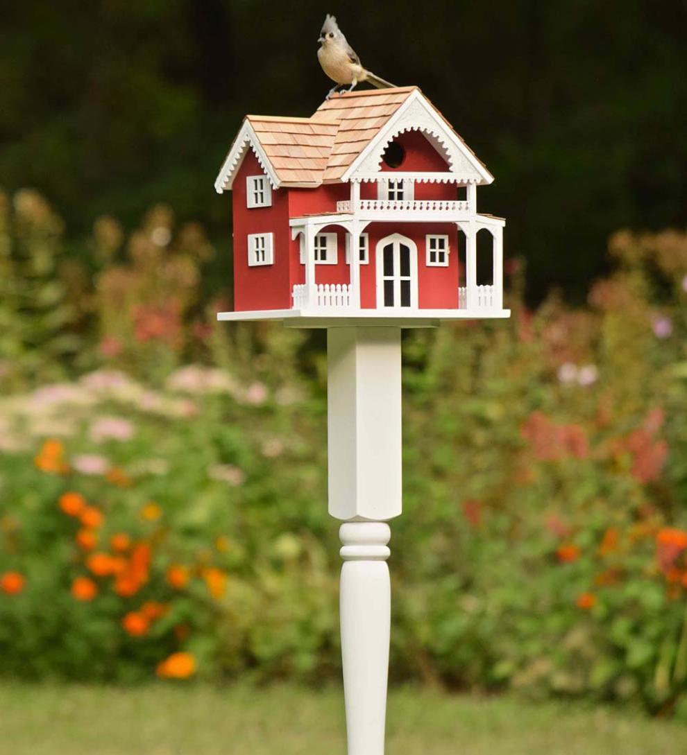Plow &amp; Hearth Birdhouses | Yard &amp; Garden Turned Wood Pedestal Pole For Birdhouse/Feeder With Ground Auger - White