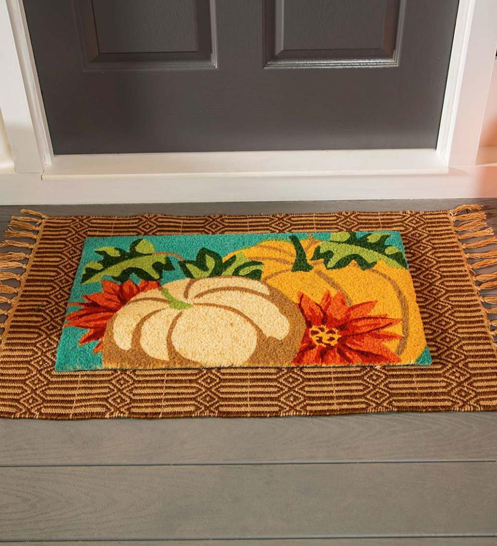 Plow &amp; Hearth Deck &amp; Patio Accents | Outdoor Living Autumn Pumpkins And Dahlias Coir Fiber Mat