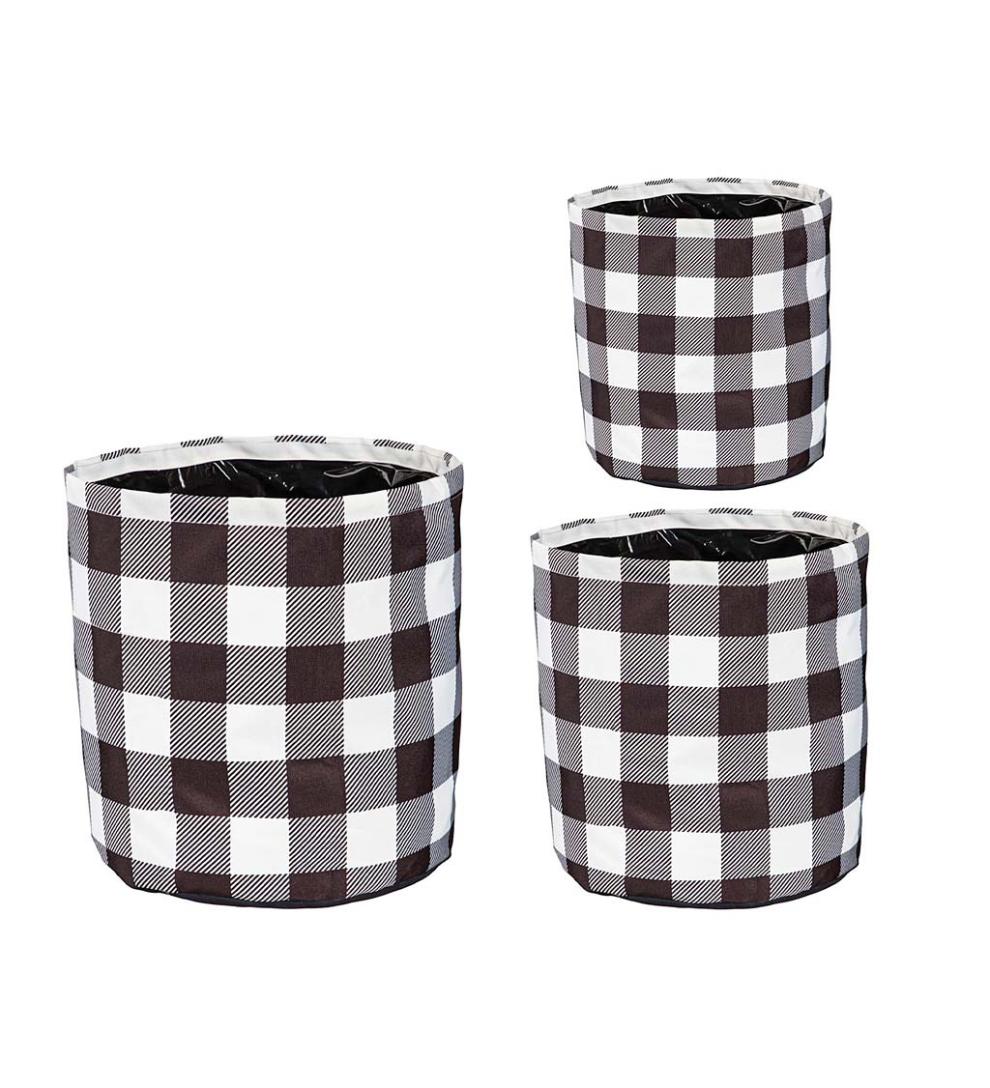 Plow &amp; Hearth Deck &amp; Patio Accents | Outdoor Living Black And White Buffalo Check Plaid Round Fabric Planters, Set Of 3