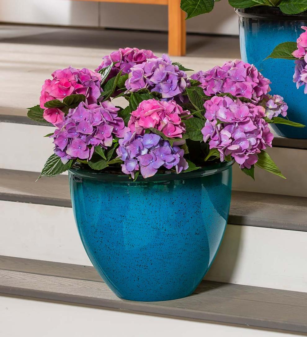Plow &amp; Hearth Deck &amp; Patio Accents | Outdoor Living Colorful Faux Glazed Ceramic Self-Watering Planter - Blue