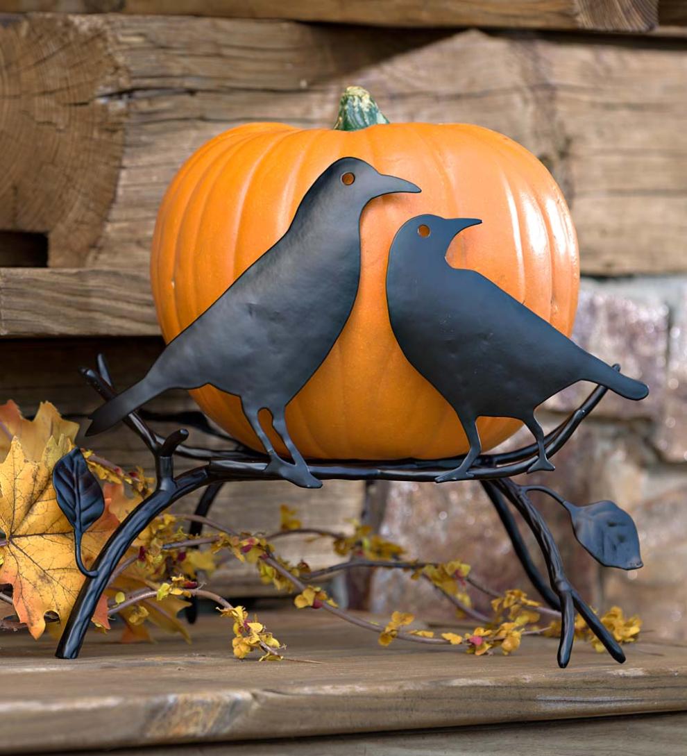 Plow &amp; Hearth Deck &amp; Patio Accents | Outdoor Living Halloween Pumpkin Holder With Ravens On Branch