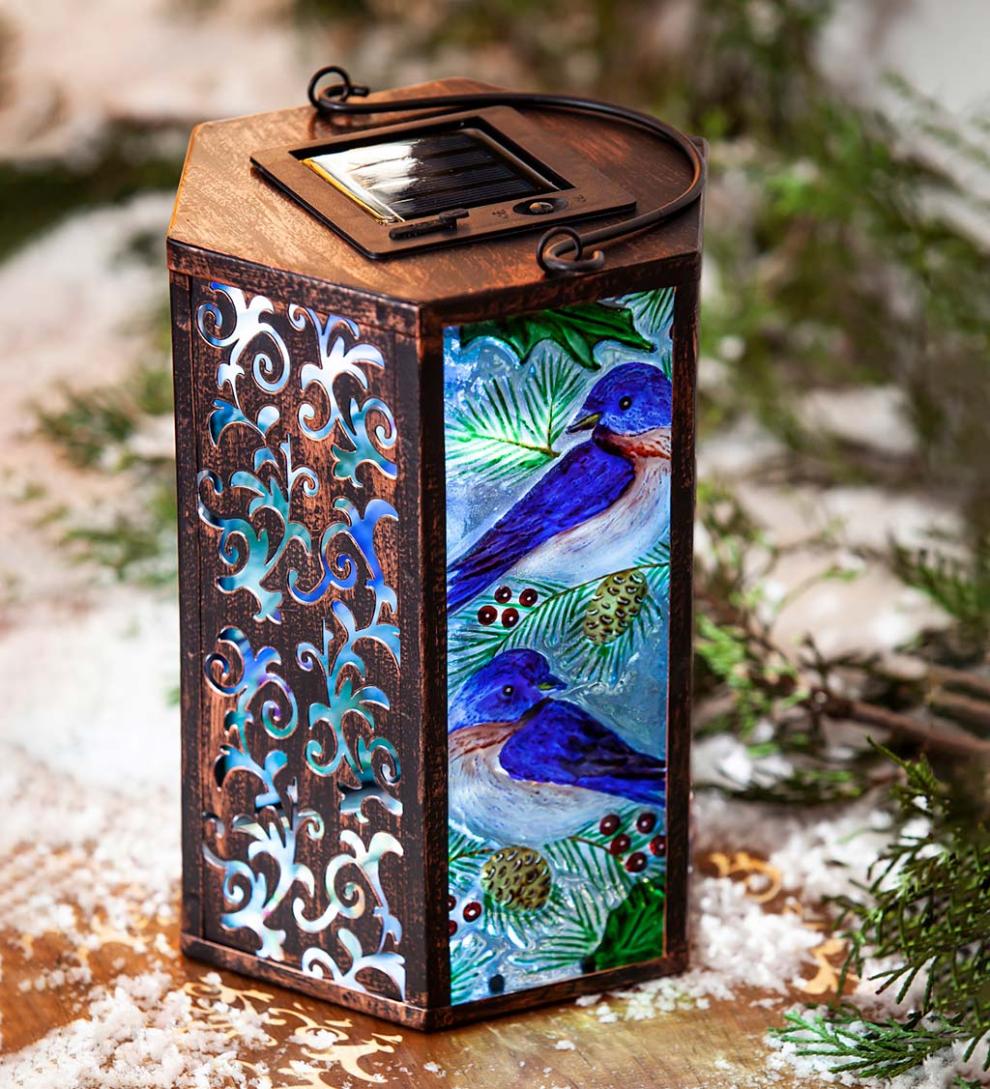 Plow &amp; Hearth Deck &amp; Patio Accents | Outdoor Living Hand-Painted Bluebird Embossed Glass Solar Lantern