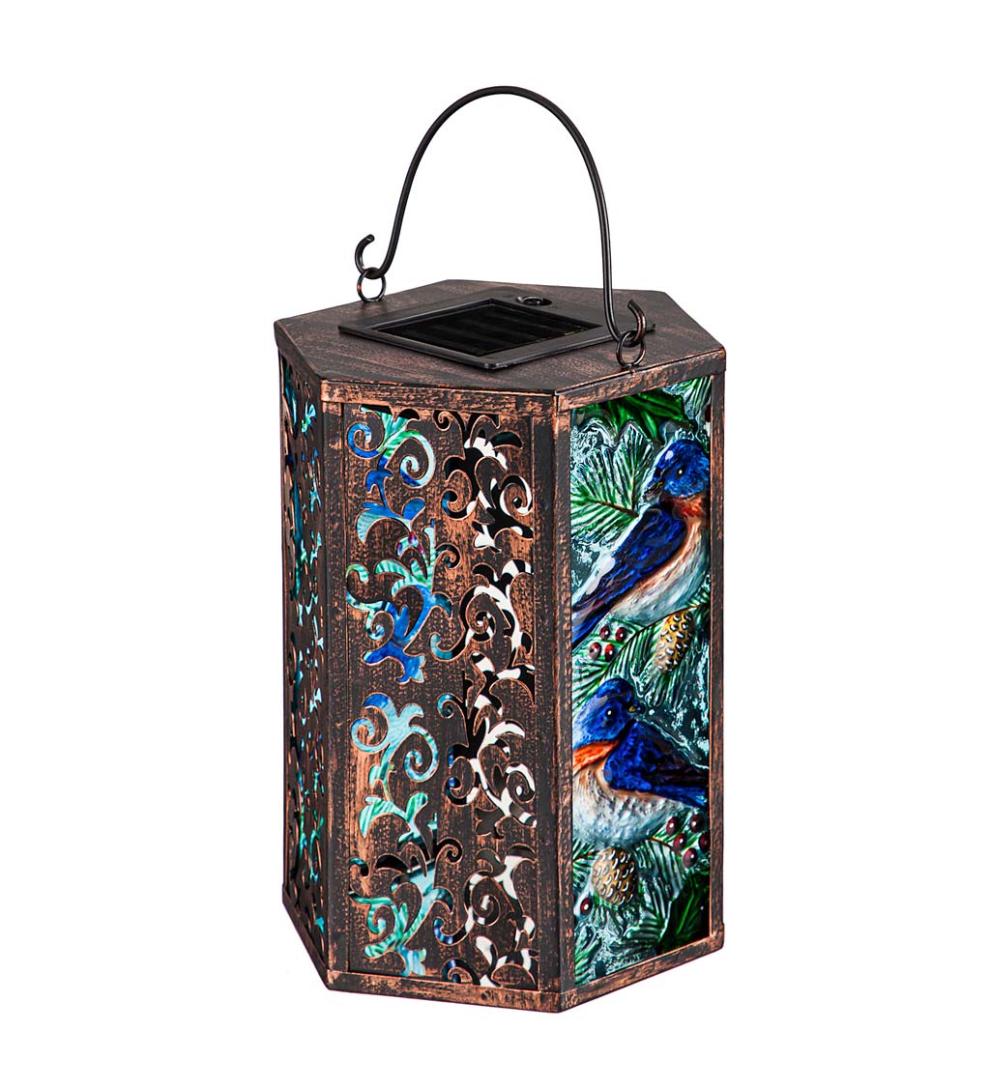 Plow &amp; Hearth Deck &amp; Patio Accents | Outdoor Living Hand-Painted Bluebird Embossed Glass Solar Lantern