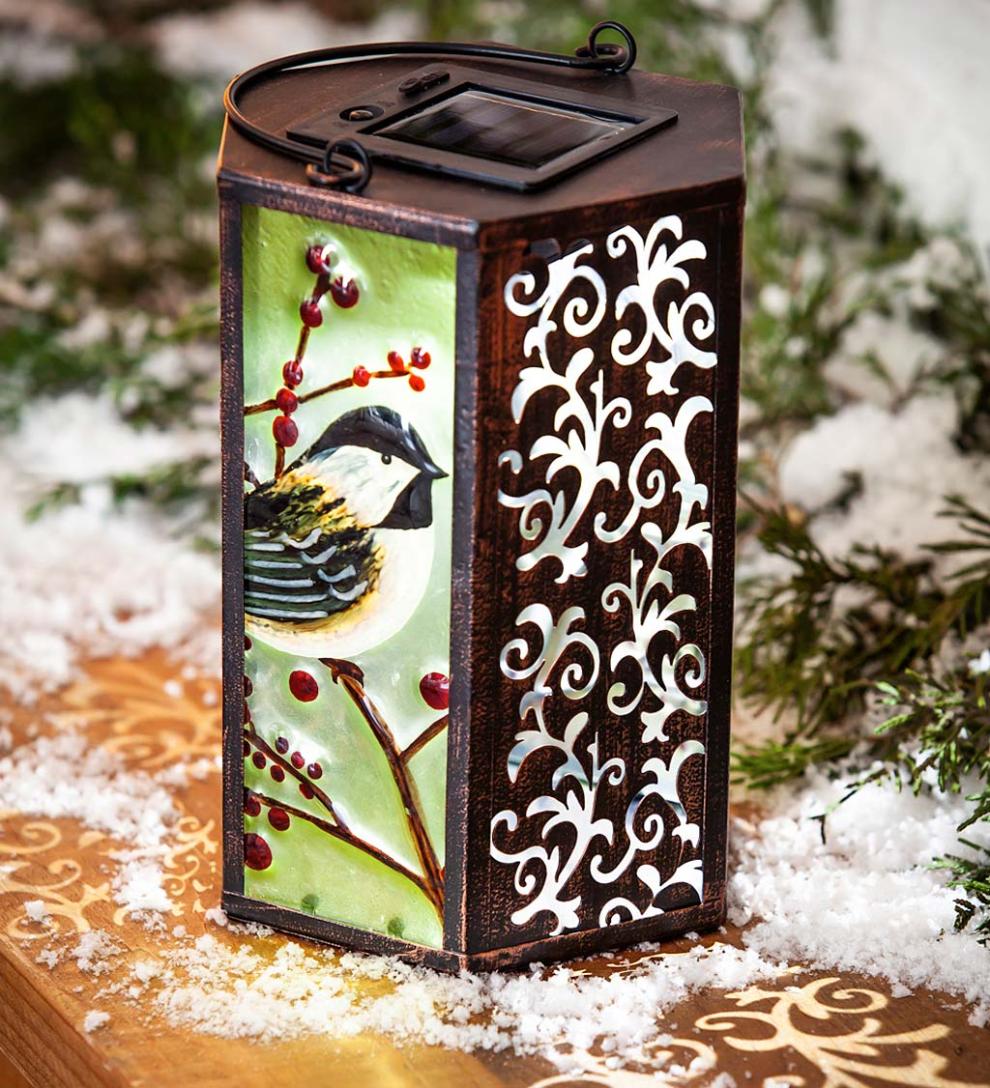 Plow &amp; Hearth Deck &amp; Patio Accents | Outdoor Living Hand-Painted Holiday Chickadee Embossed Glass Solar Lantern