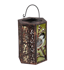 Plow &amp; Hearth Deck &amp; Patio Accents | Outdoor Living Hand-Painted Holiday Chickadee Embossed Glass Solar Lantern