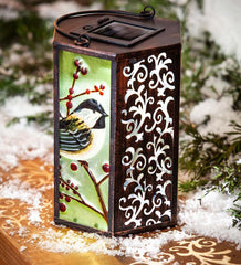 Plow &amp; Hearth Deck &amp; Patio Accents | Outdoor Living Hand-Painted Holiday Chickadee Embossed Glass Solar Lantern