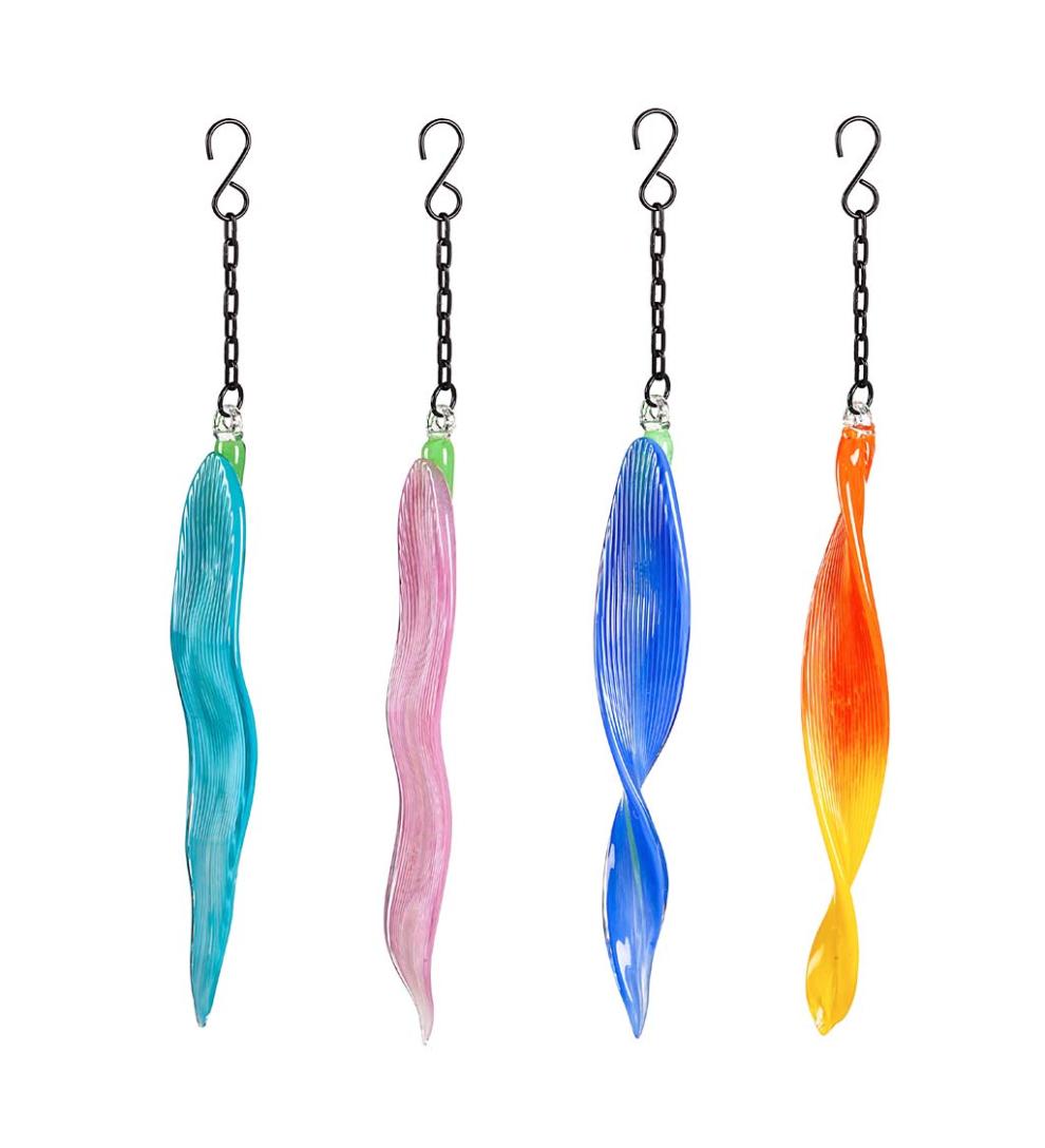 Plow &amp; Hearth Deck &amp; Patio Accents | Outdoor Living Handcrafted Abstract Hanging Art Glass Ribbon Ornaments, Set Of 4