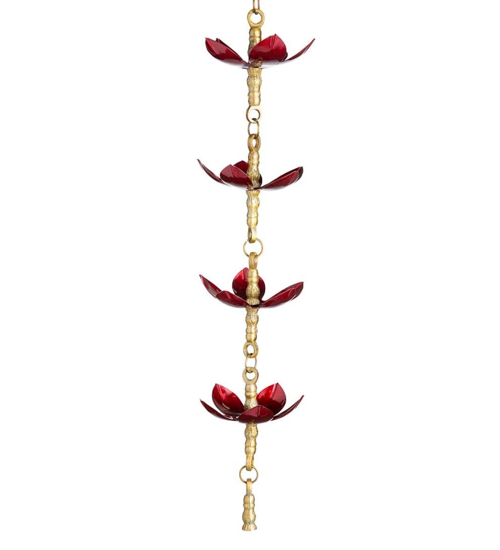 Plow &amp; Hearth Deck &amp; Patio Accents | Outdoor Living Handcrafted Steel And Aluminum Flower Rain Chain In Brass And Metallic Red Colors