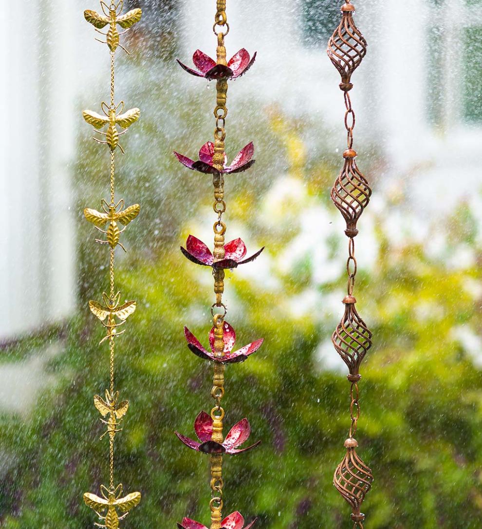 Plow &amp; Hearth Deck &amp; Patio Accents | Outdoor Living Handcrafted Steel And Aluminum Flower Rain Chain In Brass And Metallic Red Colors