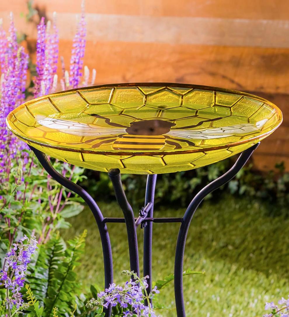 Plow &amp; Hearth Deck &amp; Patio Accents | Outdoor Living Happy Honey Bee Glass Birdbath Basin