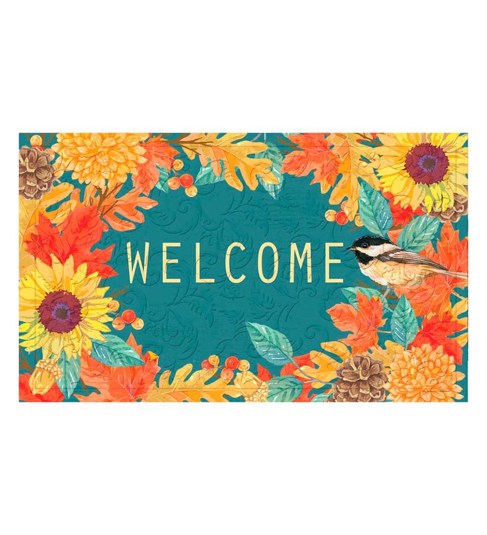 Plow &amp; Hearth Deck &amp; Patio Accents | Outdoor Living Indoor/Outdoor Fall Chickadee Welcome Embossed Floor Mat