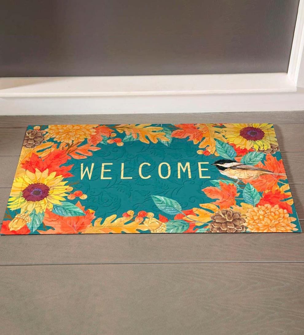 Plow &amp; Hearth Deck &amp; Patio Accents | Outdoor Living Indoor/Outdoor Fall Chickadee Welcome Embossed Floor Mat