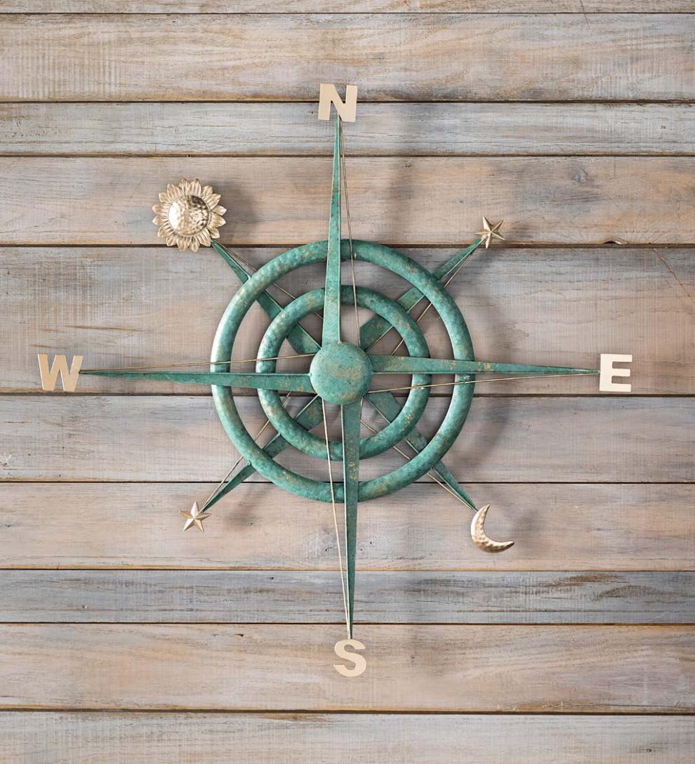 Plow &amp; Hearth Deck &amp; Patio Accents | Outdoor Living Indoor/Outdoor Verdigris Metal Compass Wall Art