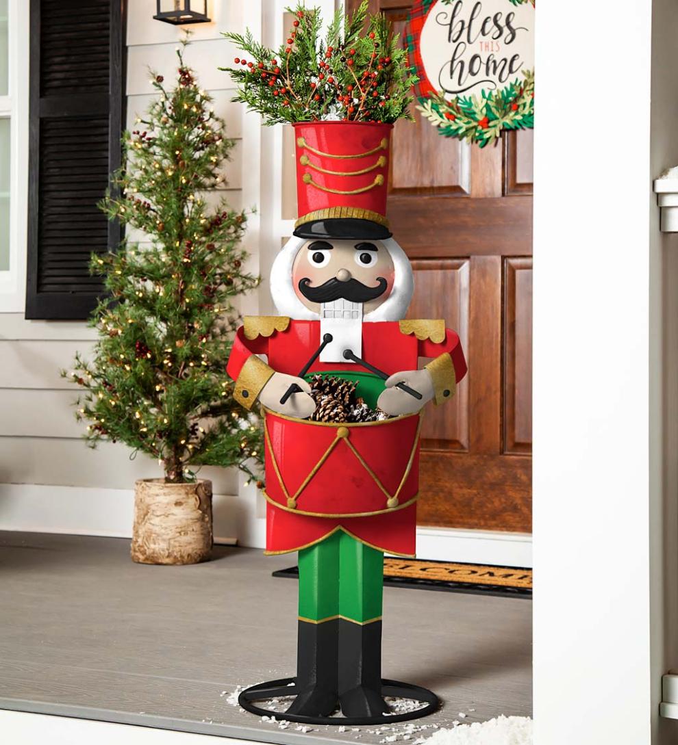 Plow &amp; Hearth Deck &amp; Patio Accents | Outdoor Living Large Metal Holiday Nutcracker Two-Tier Planter
