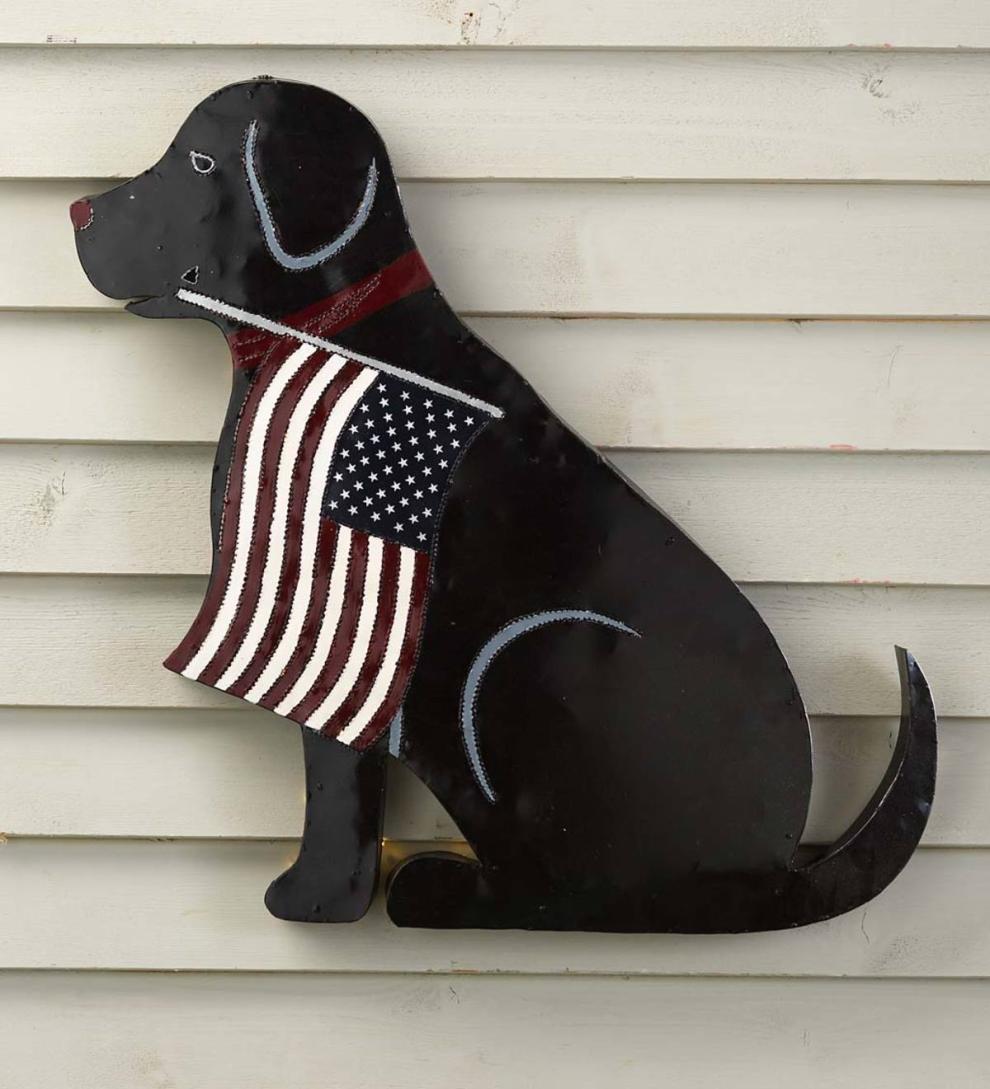 Plow &amp; Hearth Deck &amp; Patio Accents | Outdoor Living Lighted Black Labrador Americana Flag Standing/Hanging Accent