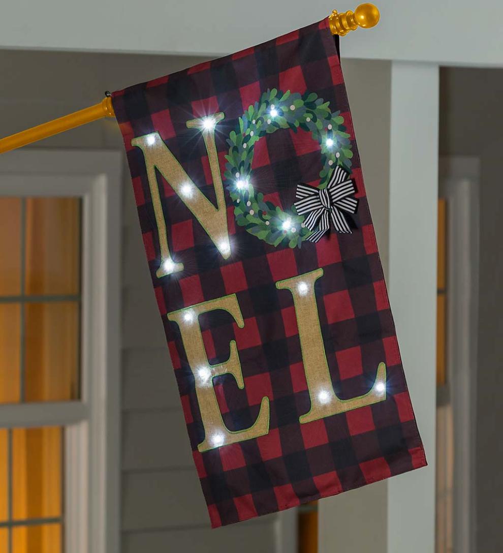 Plow &amp; Hearth Deck &amp; Patio Accents | Outdoor Living Lighted Noel Buffalo Plaid Christmas House Flag