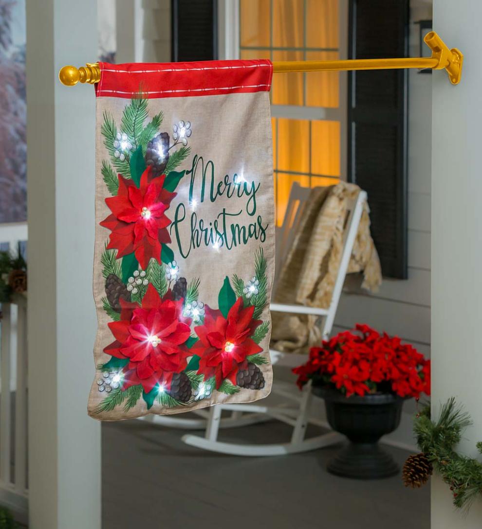 Plow &amp; Hearth Deck &amp; Patio Accents | Outdoor Living Lighted Poinsettia Merry Christmas House Flag