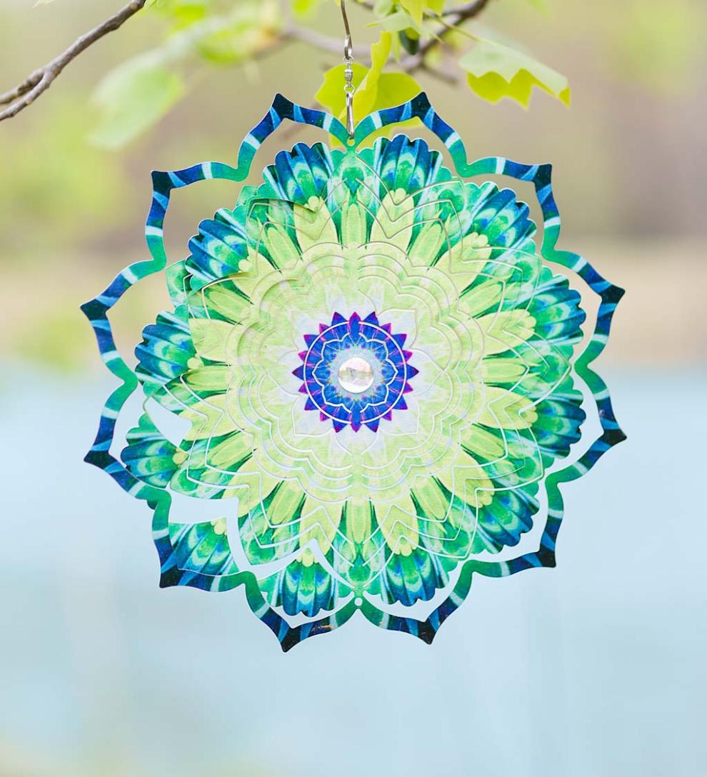 Plow &amp; Hearth Deck &amp; Patio Accents | Outdoor Living Mandala Lotus Optical Illusion Hanging Metal Spinner