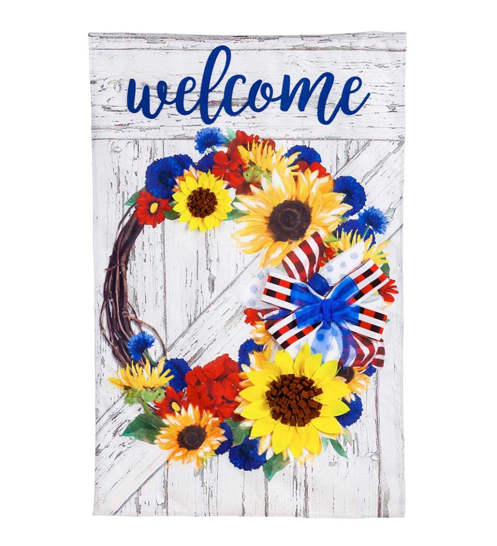 Plow &amp; Hearth Deck &amp; Patio Accents | Outdoor Living Patriotic Floral Wreath Burlap Welcome House Flag