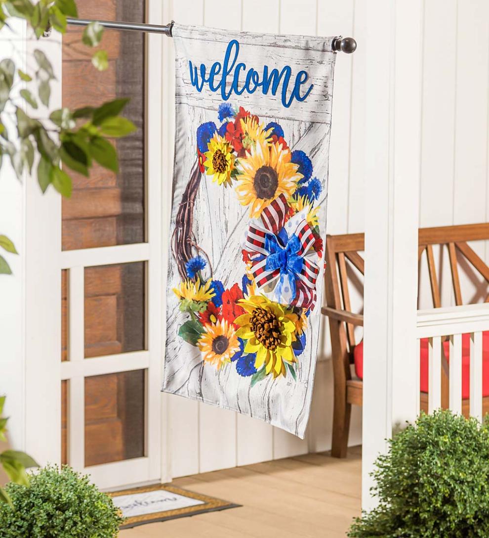 Plow &amp; Hearth Deck &amp; Patio Accents | Outdoor Living Patriotic Floral Wreath Burlap Welcome House Flag