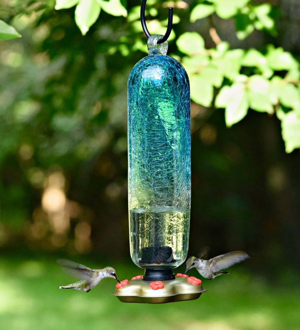 Plow &amp; Hearth Deck &amp; Patio Accents | Outdoor Living Recycled Glass Tall Aqua Hummingbird Feeder - Aqua