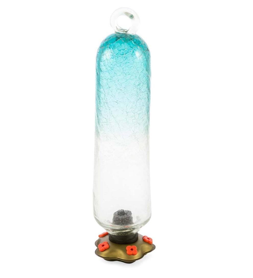 Plow &amp; Hearth Deck &amp; Patio Accents | Outdoor Living Recycled Glass Tall Aqua Hummingbird Feeder - Aqua