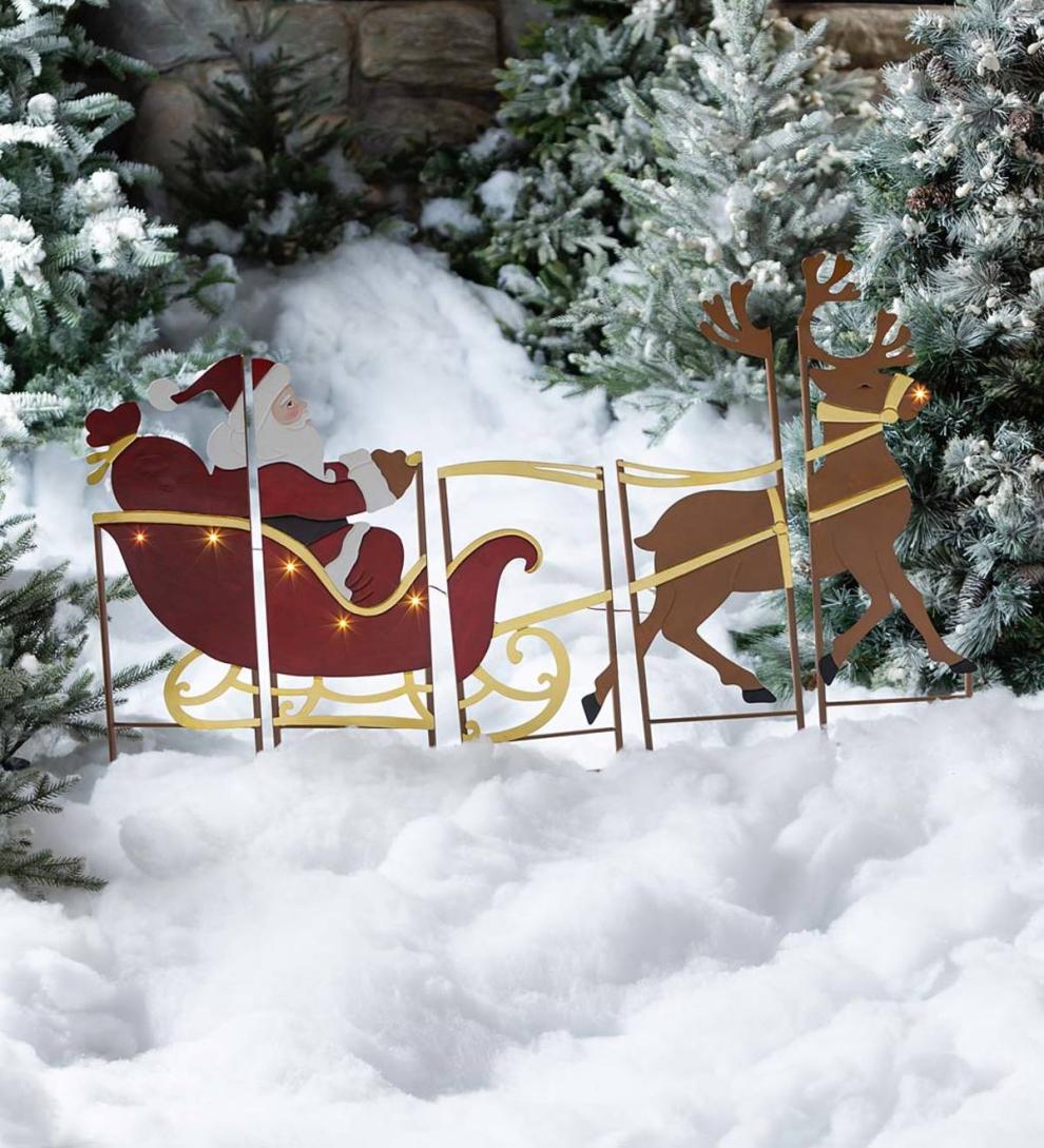 Plow &amp; Hearth Deck &amp; Patio Accents | Outdoor Living Santa, Sleigh And Reindeer Lighted Landscape Panel Stakes, Set Of 5