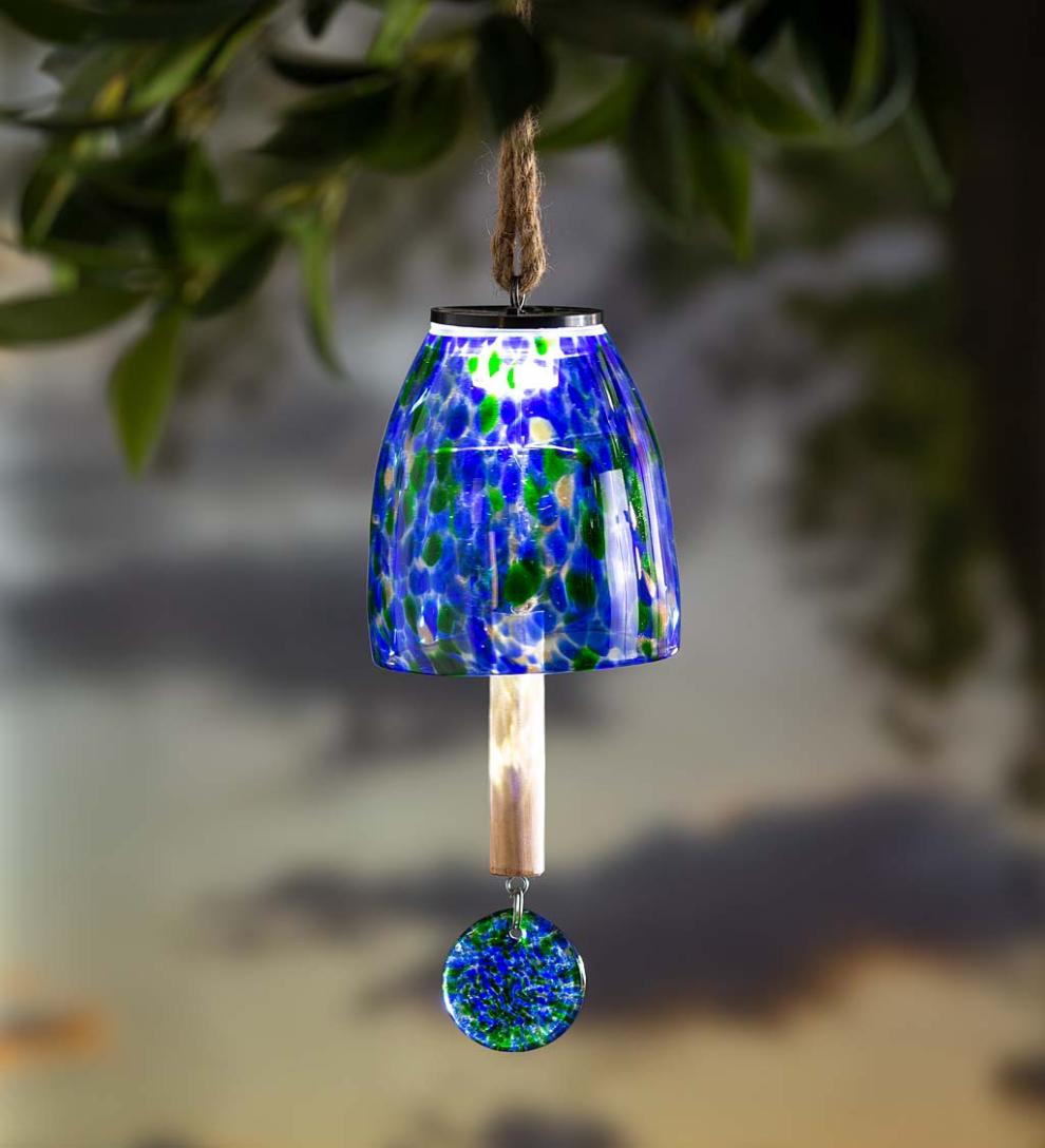 Plow &amp; Hearth Deck &amp; Patio Accents | Outdoor Living Solar Art Glass Bell Chime - Blue