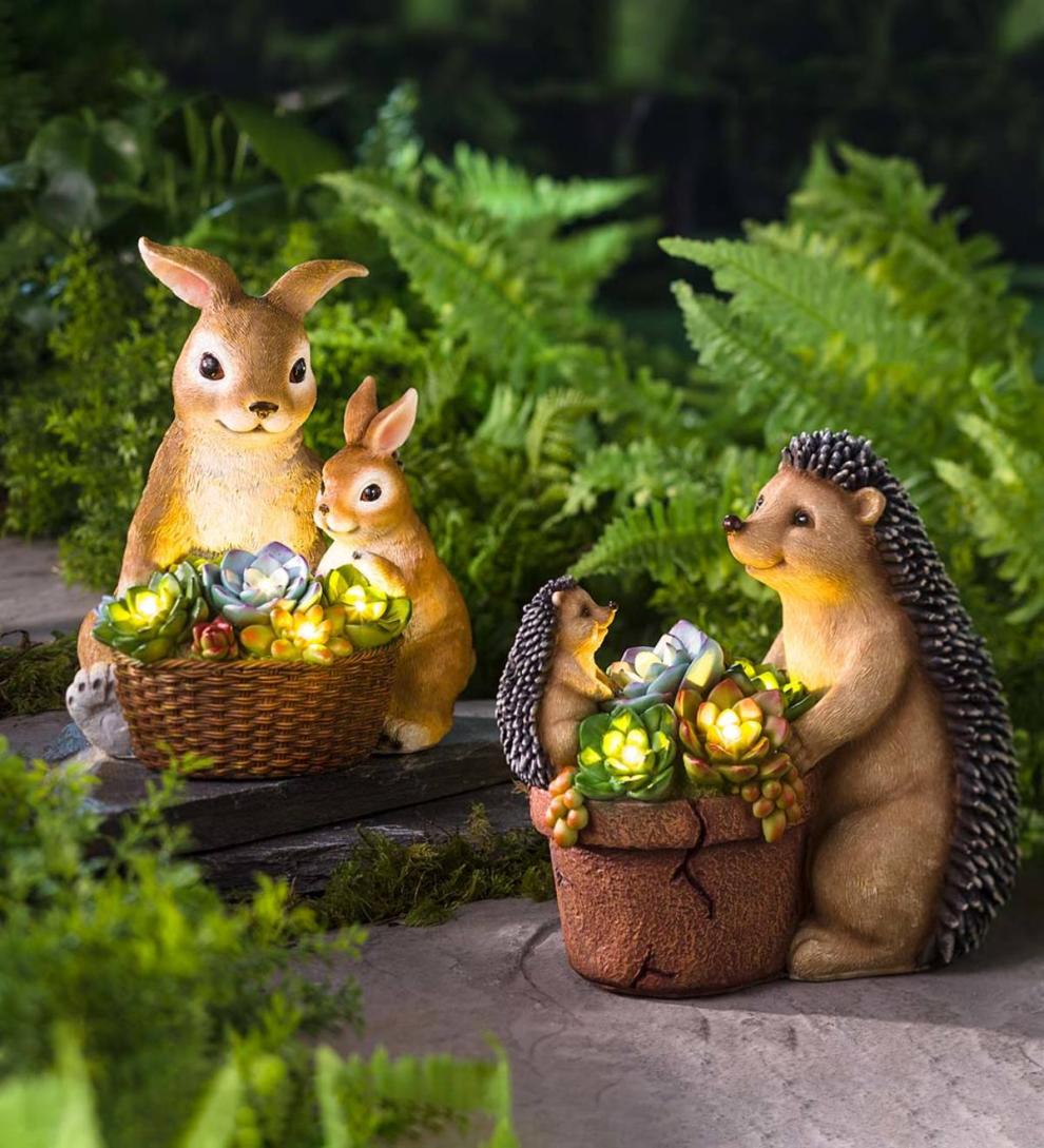 Plow &amp; Hearth Deck &amp; Patio Accents | Outdoor Living Solar Succulent Hedgehogs Flower Pot Garden Statue