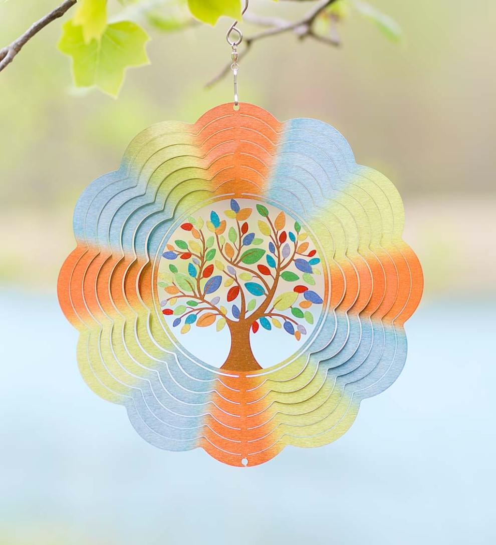 Plow &amp; Hearth Deck &amp; Patio Accents | Outdoor Living Tree Of Life Optical Illusion Hanging Metal Spinner
