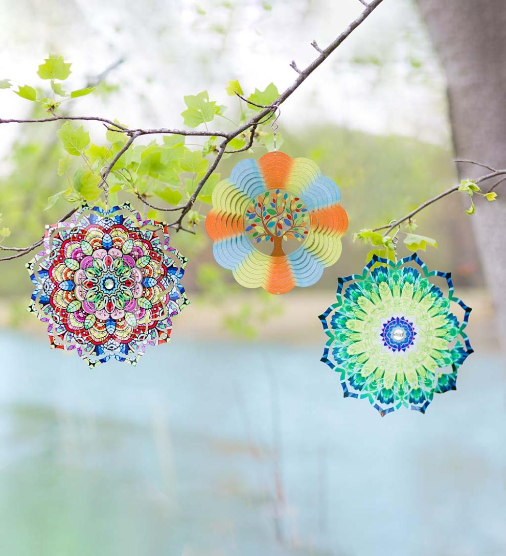 Plow &amp; Hearth Deck &amp; Patio Accents | Outdoor Living Tree Of Life Optical Illusion Hanging Metal Spinner