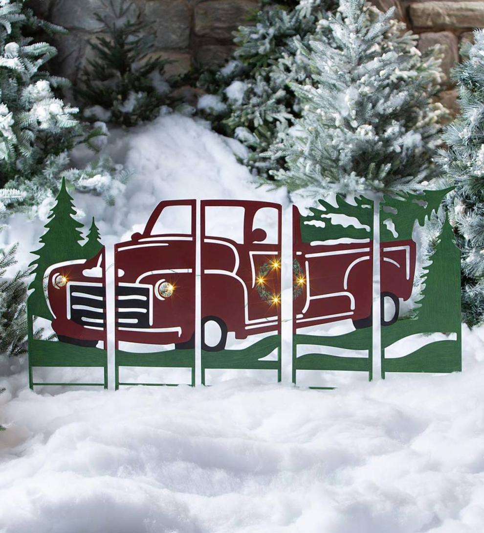 Plow &amp; Hearth Deck &amp; Patio Accents | Outdoor Living Vintage Red Antique Truck Lighted Landscape Panel Stakes, Set Of 5