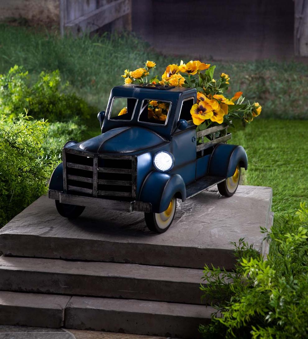 Plow &amp; Hearth Deck &amp; Patio Accents | Outdoor Living Vintage Style Solar Pickup Truck Garden Accent - Blue