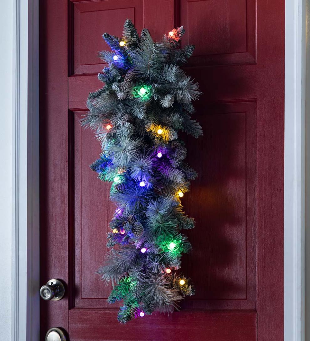 Plow &amp; Hearth Deck &amp; Patio Accents | Outdoor Living Winter Frost Holiday Teardrop Swag With White And Multicolor Lights