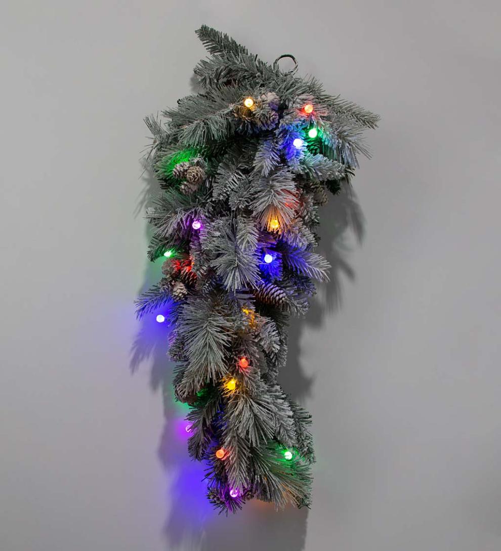 Plow &amp; Hearth Deck &amp; Patio Accents | Outdoor Living Winter Frost Holiday Teardrop Swag With White And Multicolor Lights