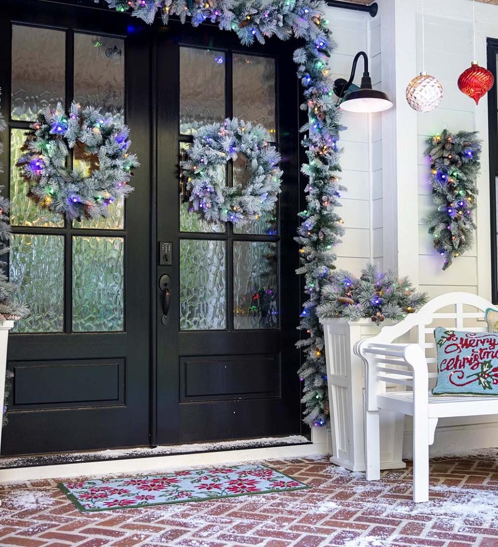 Plow &amp; Hearth Deck &amp; Patio Accents | Outdoor Living Winter Frost Holiday Teardrop Swag With White And Multicolor Lights