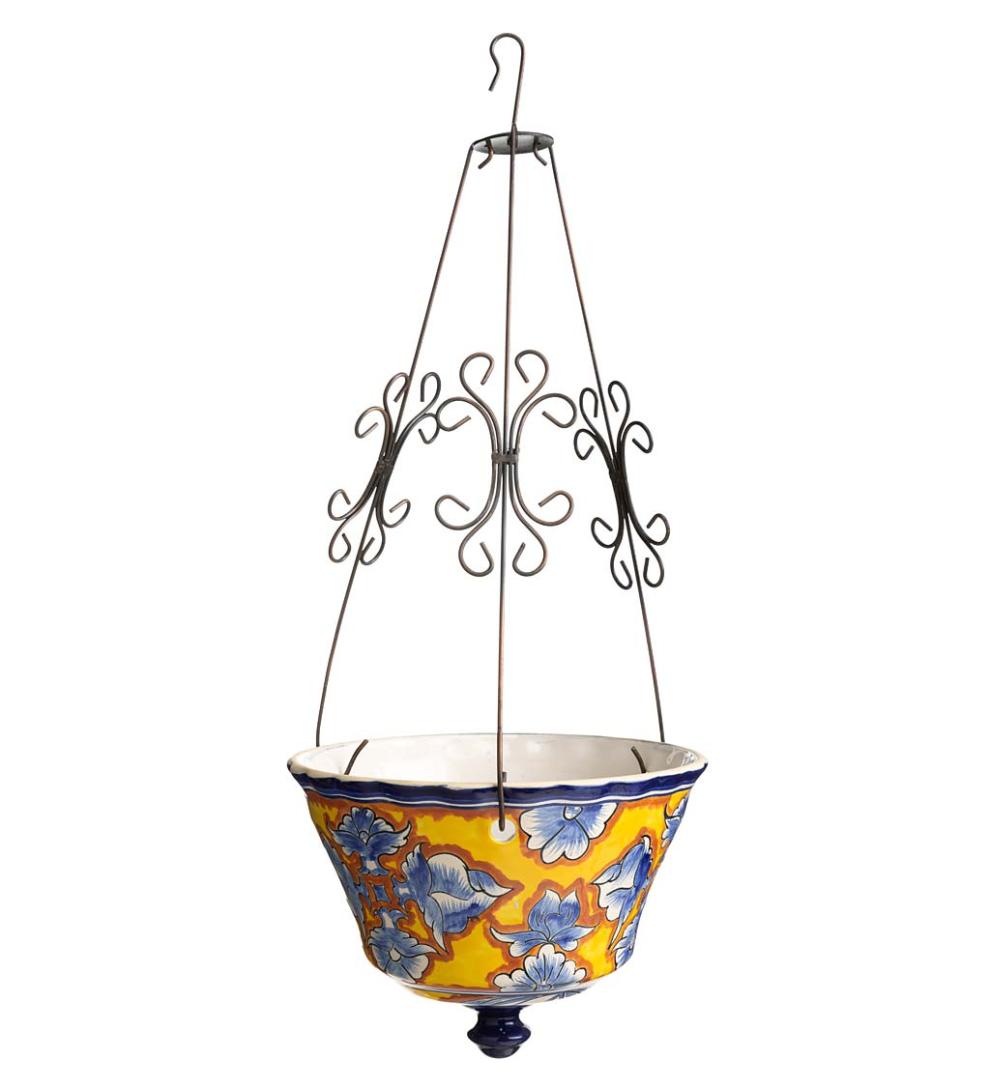 Plow &amp; Hearth Deck Planters | Outdoor Living Authentic Mexican Talavera Hanging Planter - Black