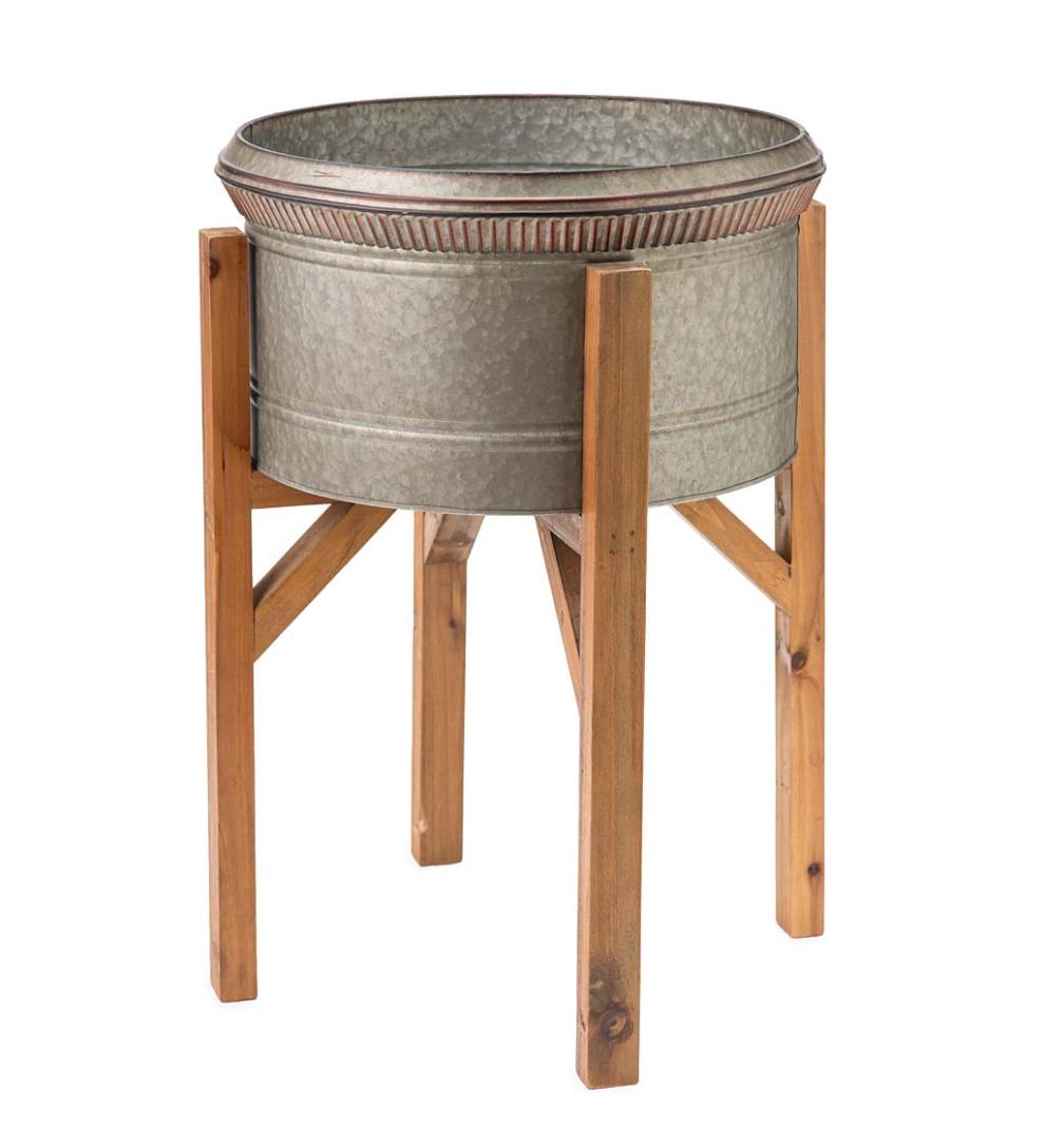 Plow &amp; Hearth Deck Planters | Outdoor Living Galvanized Planters With Wooden Stands, Set Of 3