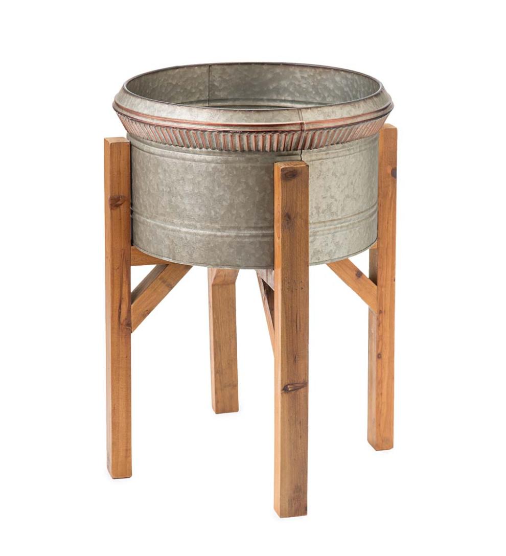 Plow &amp; Hearth Deck Planters | Outdoor Living Galvanized Planters With Wooden Stands, Set Of 3