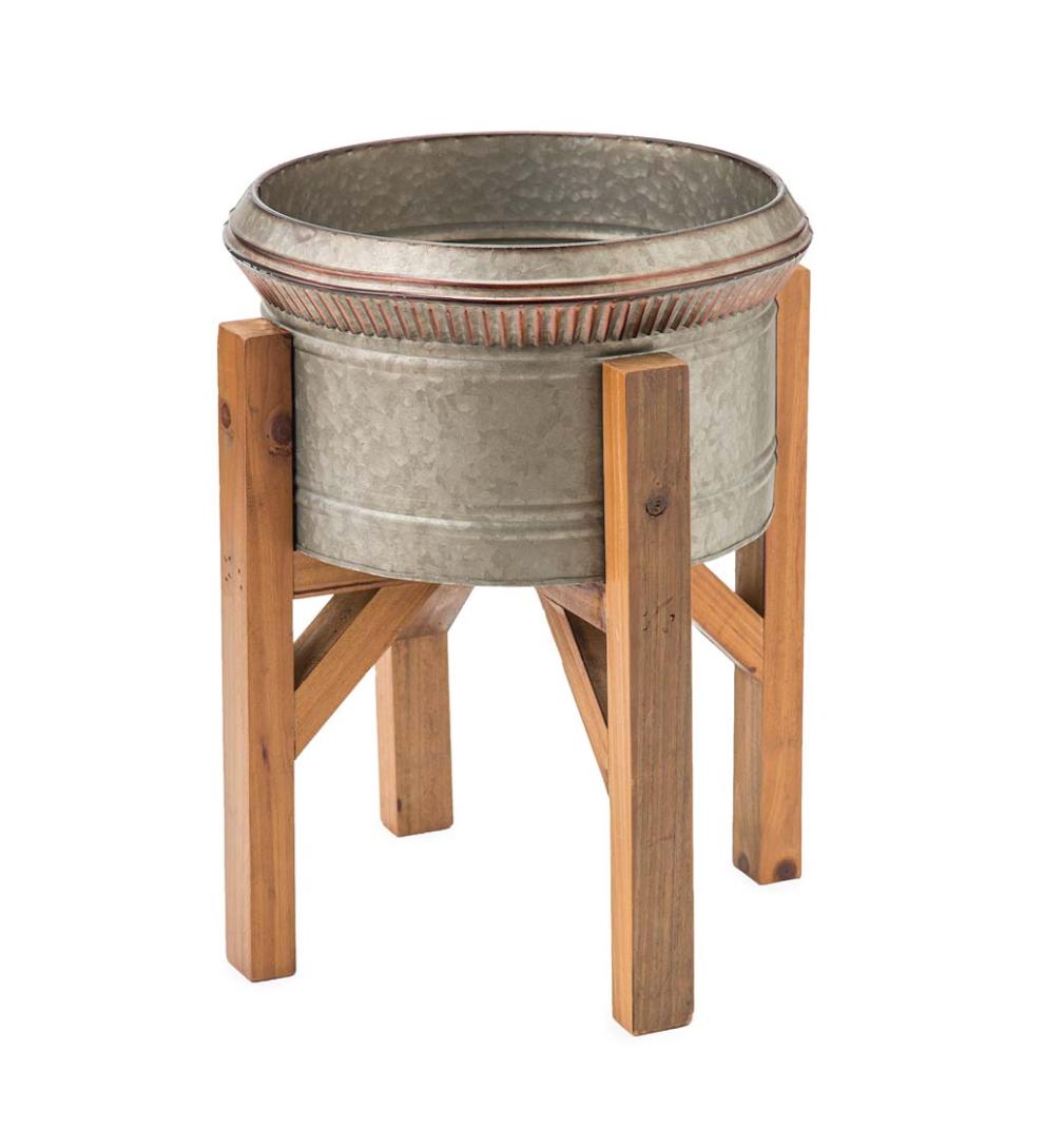 Plow &amp; Hearth Deck Planters | Outdoor Living Galvanized Planters With Wooden Stands, Set Of 3