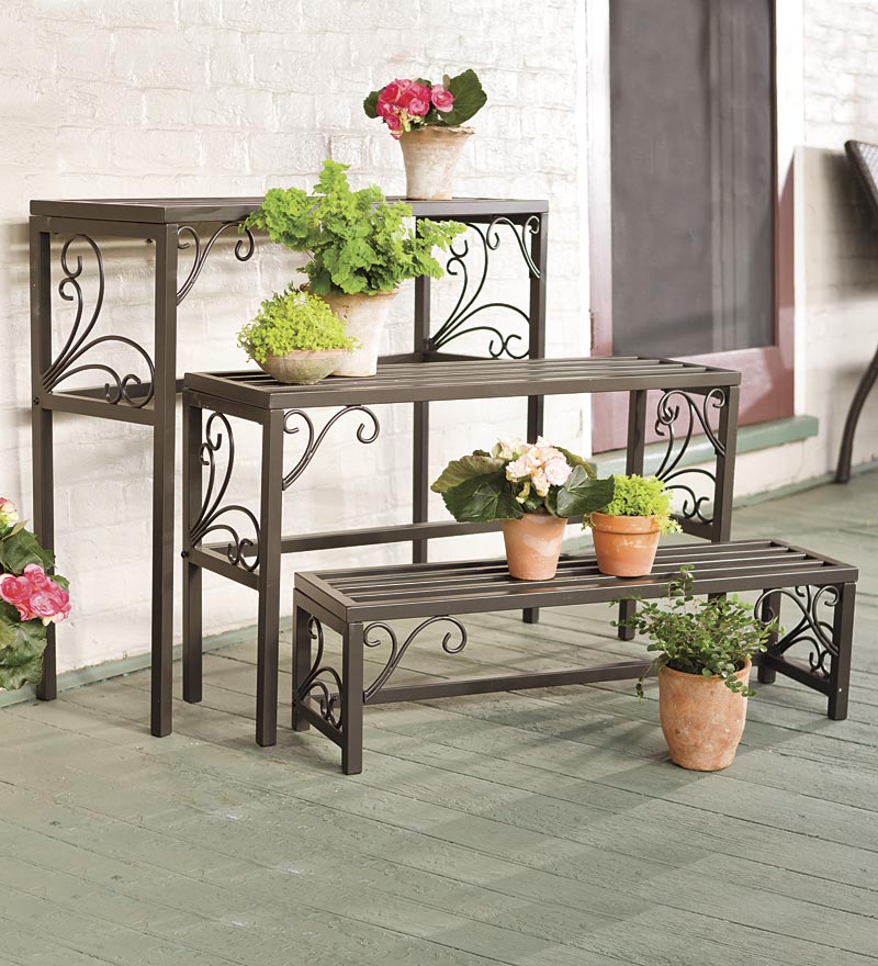 Plow &amp; Hearth Deck Planters | Outdoor Living Nesting Metal Plant Stands With Scrollwork, Set Of Three