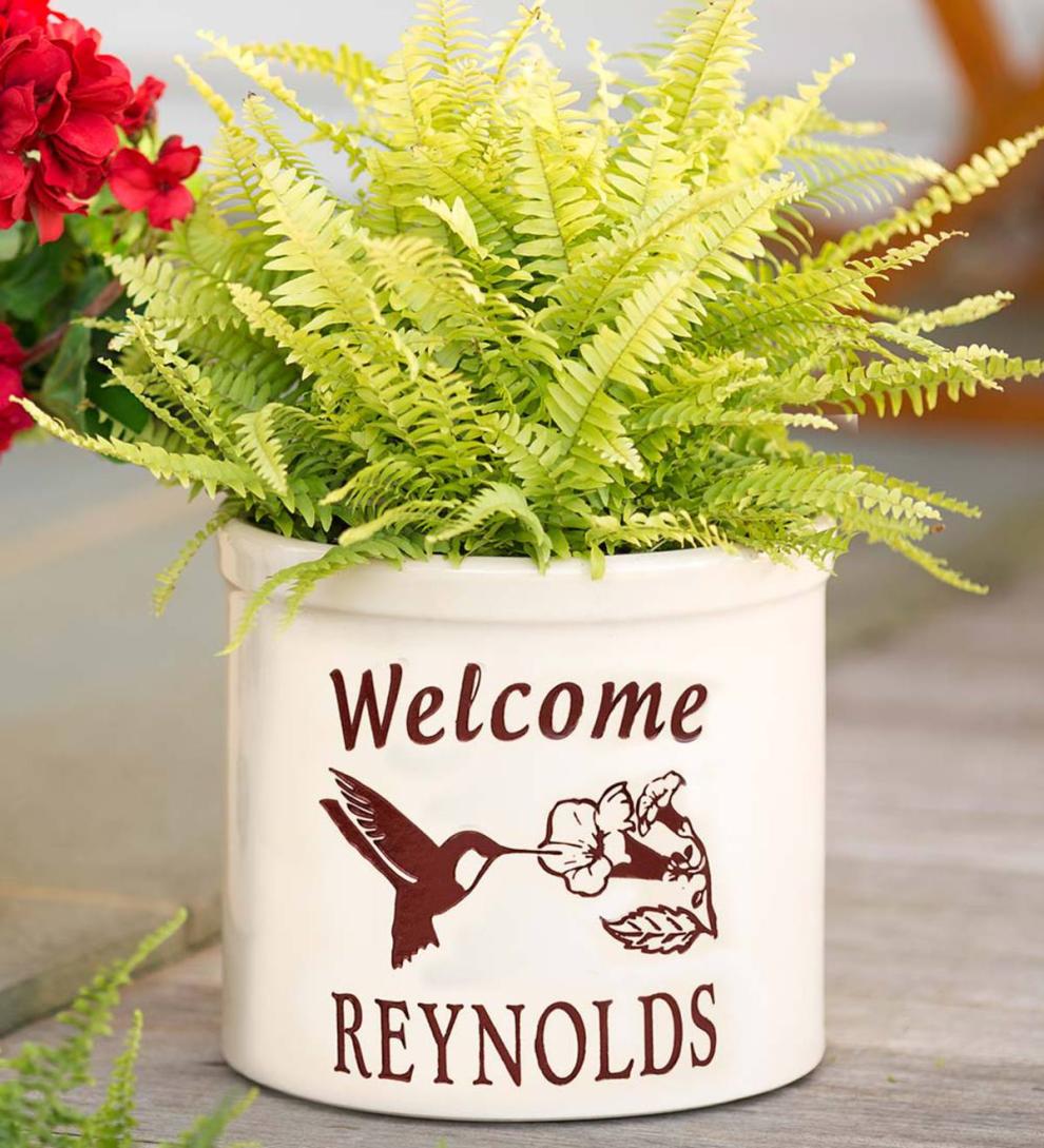 Plow &amp; Hearth Deck Planters | Outdoor Living Personalized Stoneware Crock With Hummingbird