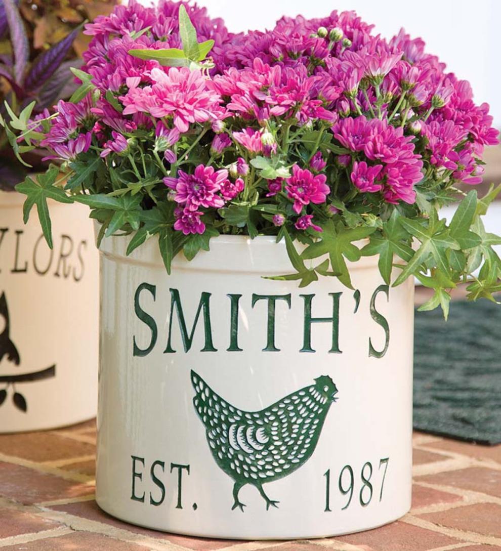 Plow &amp; Hearth Deck Planters | Outdoor Living Usa-Made Handcrafted Personalized Chicken Crock - Green