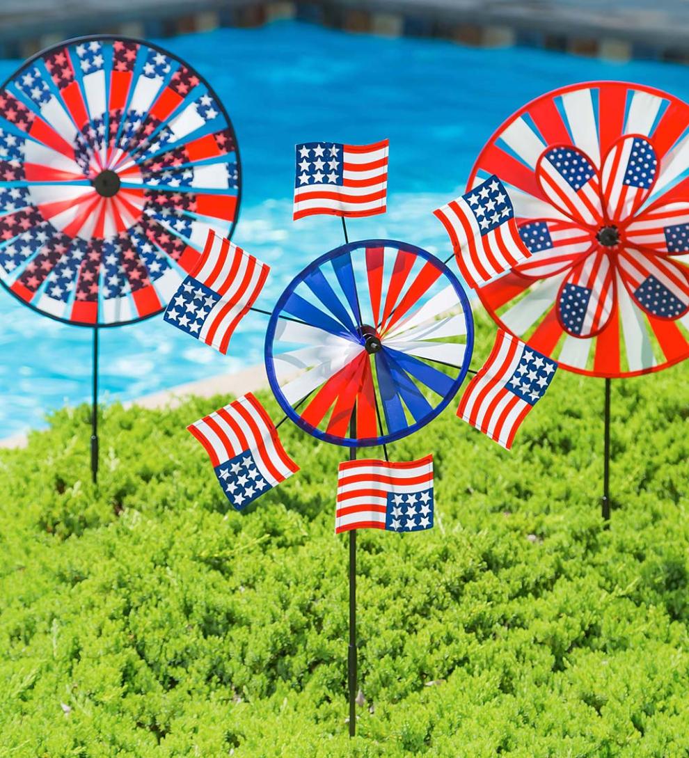 Plow &amp; Hearth Decorative Garden Accents | Yard &amp; Garden Americana Pinwheel Spinners, Set Of 3