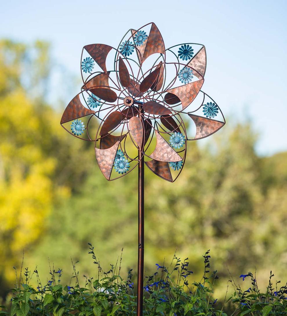 Plow &amp; Hearth Decorative Garden Accents | Yard &amp; Garden Blue Daisies Copper Flower Metal Wind Spinner