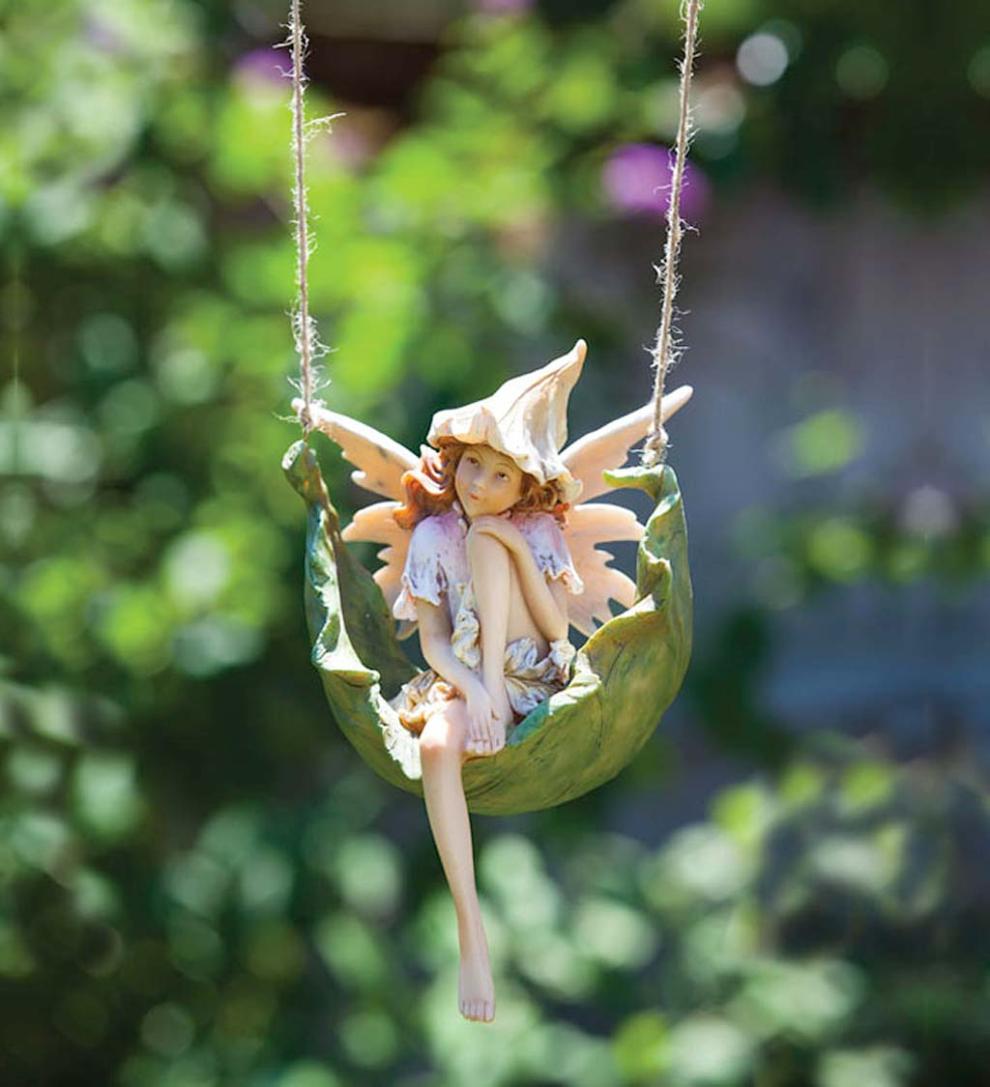 Plow &amp; Hearth Decorative Garden Accents | Yard &amp; Garden Daydreaming Pixie Petal Fairy On A Swing